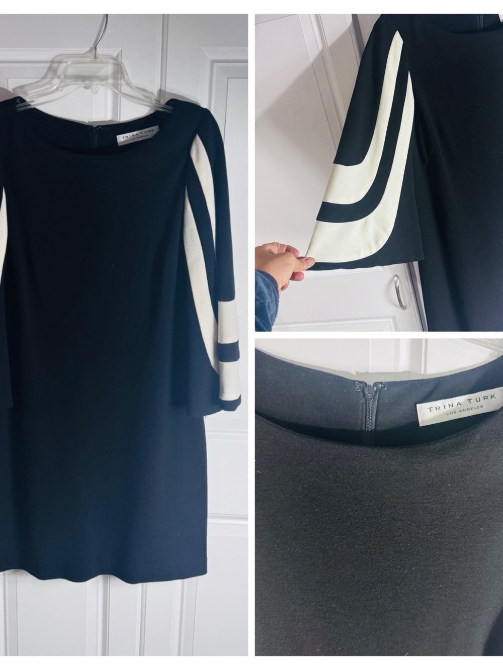 Trina Turk Black Dress with Ivory Stripe Flare Sleeves